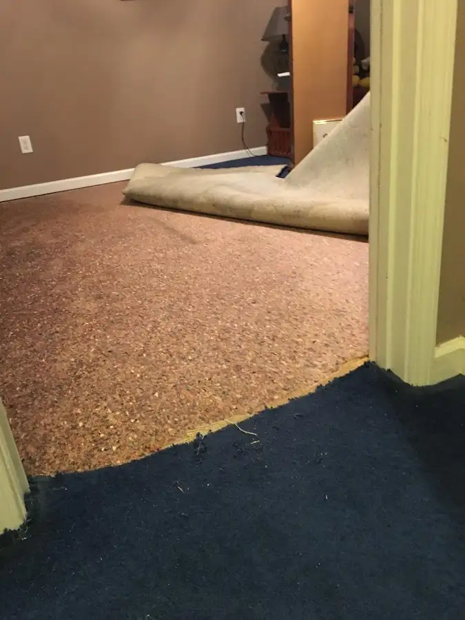 Carpet pad removal revealing water damage during Water Mitigation Services in Carlsbad